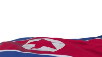 Noord-korea stof vlag zwaaien op de wind lus. noord-koreaanse borduurwerk gestikte doek banner zwaaiend op de bries. halfgevulde witte achtergrond. plaats voor tekst. 20 seconden lus. 4k video