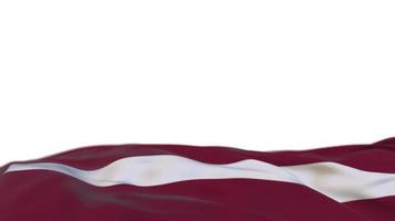 Latvia fabric flag waving on the wind loop. Latvian embroidery stiched cloth banner swaying on the breeze. Half-filled white background. Place for text. 20 seconds loop. 4k video