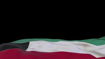 Kuwait fabric flag waving on the wind loop. Kuwaiti embroidery stiched cloth banner swaying on the breeze. Half-filled black background. Place for text. 20 seconds loop. 4k video