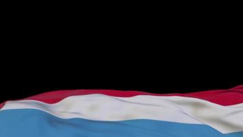 luxembourg tygflagga vajar på vindslingan. luxemburgsk broderi stickad tyg banner vajande på vinden. halvfylld svart bakgrund. plats för text. 20 sekunders loop. 4k video