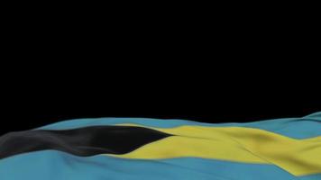 drapeau en tissu des bahamas agitant sur la boucle du vent. bannière en tissu brodé des Bahamas se balançant sur la brise. fond noir à moitié rempli. place pour le texte. Boucle de 20 secondes. 4k video