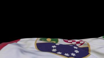 bandera de tela de la federación de bosnia y herzegovina ondeando en el bucle de viento. pancarta de tela cosida bordada balanceándose con la brisa. fondo negro medio relleno. lugar para el texto. Bucle de 20 segundos. 4k video