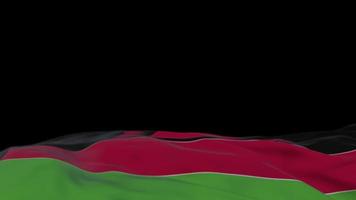 drapeau malawi en tissu agitant sur la boucle du vent. bannière en tissu brodé malawien se balançant sur la brise. fond noir à moitié rempli. place pour le texte. Boucle de 20 secondes. 4k video