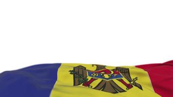 moldaviens tygflagga viftande på vindslingan. moldaviskt broderi stickad tyg banner vajande på vinden. halvfylld vit bakgrund. plats för text. 20 sekunders loop. 4k video