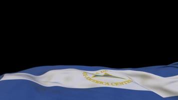 Nicaragua fabric flag waving on the wind loop. Nicaragua embroidery stiched cloth banner swaying on the breeze. Half-filled black background. Place for text. 20 seconds loop. 4k video