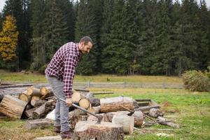 yong male in forest choping wood with steel axe, country landscape with lumberjack photo