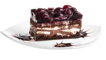 Chocolate cake with cherry on top on a white background photo