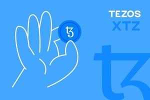 Hand holding Tezos coin, cryptocurrency editable vector. XTZ logo, crypto flat design banner. xtz token on blue background, for apps, web and animation.