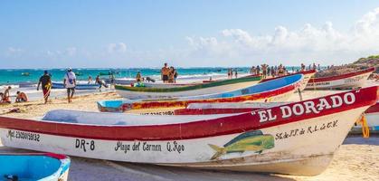 Tulum Quintana Roo Mexico 2022 Waves boats caribbean coast and beach panorama view Tulum Mexico. photo