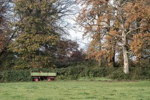 Rural field with a tractor-trailer and autumnal trees photo