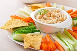 Healthy homemade  hummus with olive oil and pita chips photo