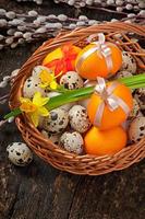 Colorful easter eggs on old wooden background photo