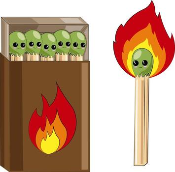 Cute cartoon burning match and box match vector