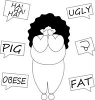 A fat women listens to insults and cries in black and white vector