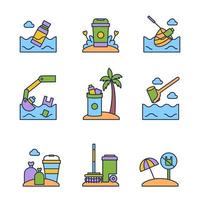 conjunto de iconos de limpieza de playa vector