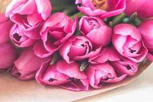 close up picture of fresh pink and purple tulips on table photo