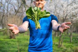 Young male athlete with fresh spinach in hands photo