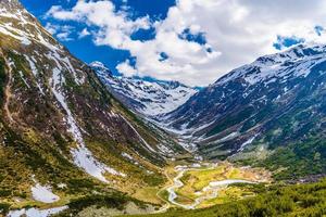 Mountain river in Alps covered with snow, Fluelapass, Zernez, Gr photo
