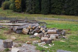 Close up piture of chopping firewood, country photo with wood and axe