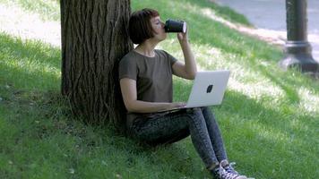 Young woman work with laptop outdoors in the summer park, female with computer on the green grass 4k shot video