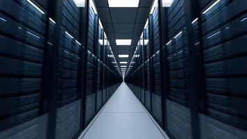 Powerful server room in modern data center. Cloud computing data storage 3d rendering. Walkthrough racks of network. Data servers behind glass panels in a server room. video