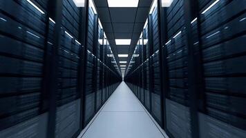 krachtige serverruimte in modern datacenter. cloud computing-gegevensopslag 3D-rendering. walkthrough racks van het netwerk. dataservers achter glazen panelen in een serverruimte. video