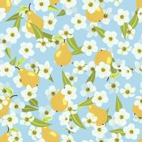 Seamless cute summer autumn pear pattern with fruits, leaves, white flowers on blue sky background. Vector illustration cover, wallpaper texture, wrapping backdrop, vintage packaging.