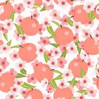 Seamless peach summer pattern with fruits, leaves, pink flowers on pastel background. Vector illustration spring cover, wallpaper texture, wrapping backdrop, vintage cute packaging.