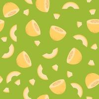 Yellow melon cut in half and slices with seeds on the green background, seamless pattern. Hand drawn illustration of summer autumn harvest fruits. Sweet food. vector