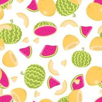 Vector seamless pattern with cartoon melon and watermelon isolated on white. Half, slice and whole of juice fruit. Hand drawn Illustration for magazine, book, poster, card, menu cover, web pages.