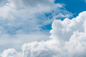 Beautiful blue sky and white cumulus clouds abstract background. Cloudscape background.  Blue sky and fluffy white clouds on sunny day. Nature weather. Bright day sky for happy day background. photo