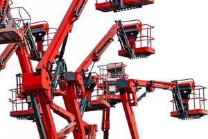 Articulated boom lift. Aerial platform lift. Telescopic boom lift isolated on white background. Mobile construction crane for rent and sale. Maintenance and repair boom lift service. Crane dealership. photo