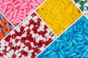 Top view of colorful capsule pills in plastic tray. Pharmaceutical industry. Healthcare and medicine. Drug production. Pharmaceutics concept. Vitamins and supplements capsules. Bright color capsule. photo