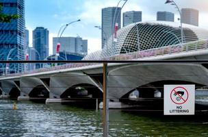 No littering sign on wire fence beside the river in downtown with skyscraper business building. Signs for not throwing garbage into the river. Signs for do not dumping garbage in Singapore city. photo