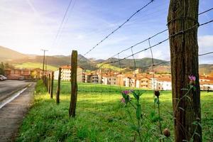 Selective focus on old wooden pole of wire fence on blur green grass field and city in valley. Fence of green animal grazing pasture beside the road. Pink flower on blur barbed wire, and grass field. photo