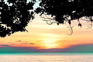 Beautiful sunset at tropical paradise beach. View from under the tree at seaside in the evening at sunset beach. Summer vibes. Summer vacation background. Calm, tranquil and relax scene. Beautiful sky
