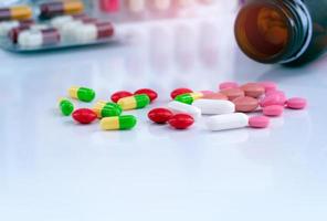 Colorful tablets and capsule pills on blurred background of drug bottle and antibiotic capsule pills. Pharmaceutical industry. Background for content of drug use in pregnant woman and elderly people.