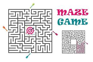 Square maze labyrinth game for kids. Logic conundrum with target and arrows. 4 entrance and one right way to go. Vector flat illustration isolated on white background.