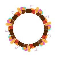 Ice cream, fruits and drinks vector round frame
