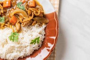 Japanese curry rice with sliced pork, carrot and onions photo