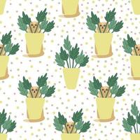 Funny cats and houseplants  seamless pattern on white. Hand drawn flat vector illustration. Potted plants and pets. Great for fabrics, wrapping papers, wallpapers, covers.