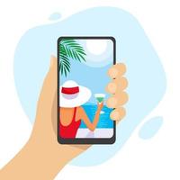 Human hand holding smartphone with tropical picture. Girl dreaming about vacations on the seaside. Someone looking at the photo of woman in hat with cocktail. Summer vector illustration