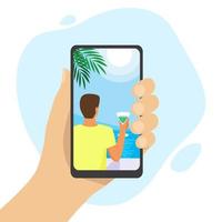 Human hand holding smartphone with tropical picture. Dream about vacations on the seaside. Someone looking at the photo of a man on the beach with cocktail. Summer vector illustration