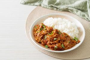 chicken tikka masala with rice on plate photo