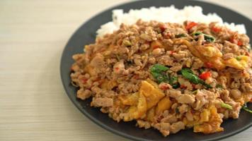 Carne de porco picada frita com manjericão e ovo coberto com arroz - comida asiática video