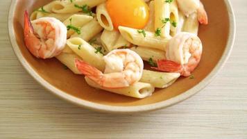 homemade penne pasta white cream sauce with shrimps and egg video
