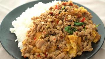 porc haché sauté au basilic et œuf garni de riz - style cuisine asiatique video