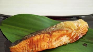 Grilled Salmon Steak with Soy Sauce on plate - Japanese food style video