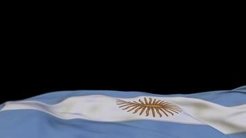 bandera argentina de tela ondeando en el lazo del viento. pancarta de tela cosida con bordado argentino que se mece con la brisa. fondo negro medio relleno. lugar para el texto. Bucle de 20 segundos. 4k video