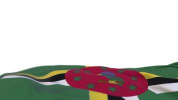 bandera de tela dominicana ondeando en el bucle de viento. bandera de tela cosida bordada de dominica balanceándose con la brisa. fondo blanco medio relleno. lugar para el texto. Bucle de 20 segundos. 4k video